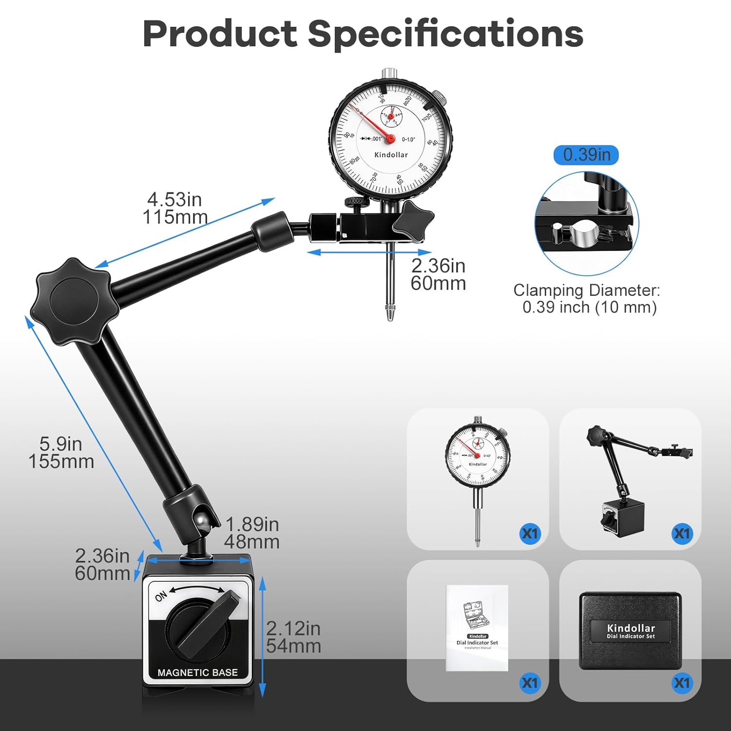 Dial Indicator with Magnetic Base, 0-1 inch Dial Test Gauge Indicators Graduation 0.001",132lbs Mag Base Runout Gauge Set