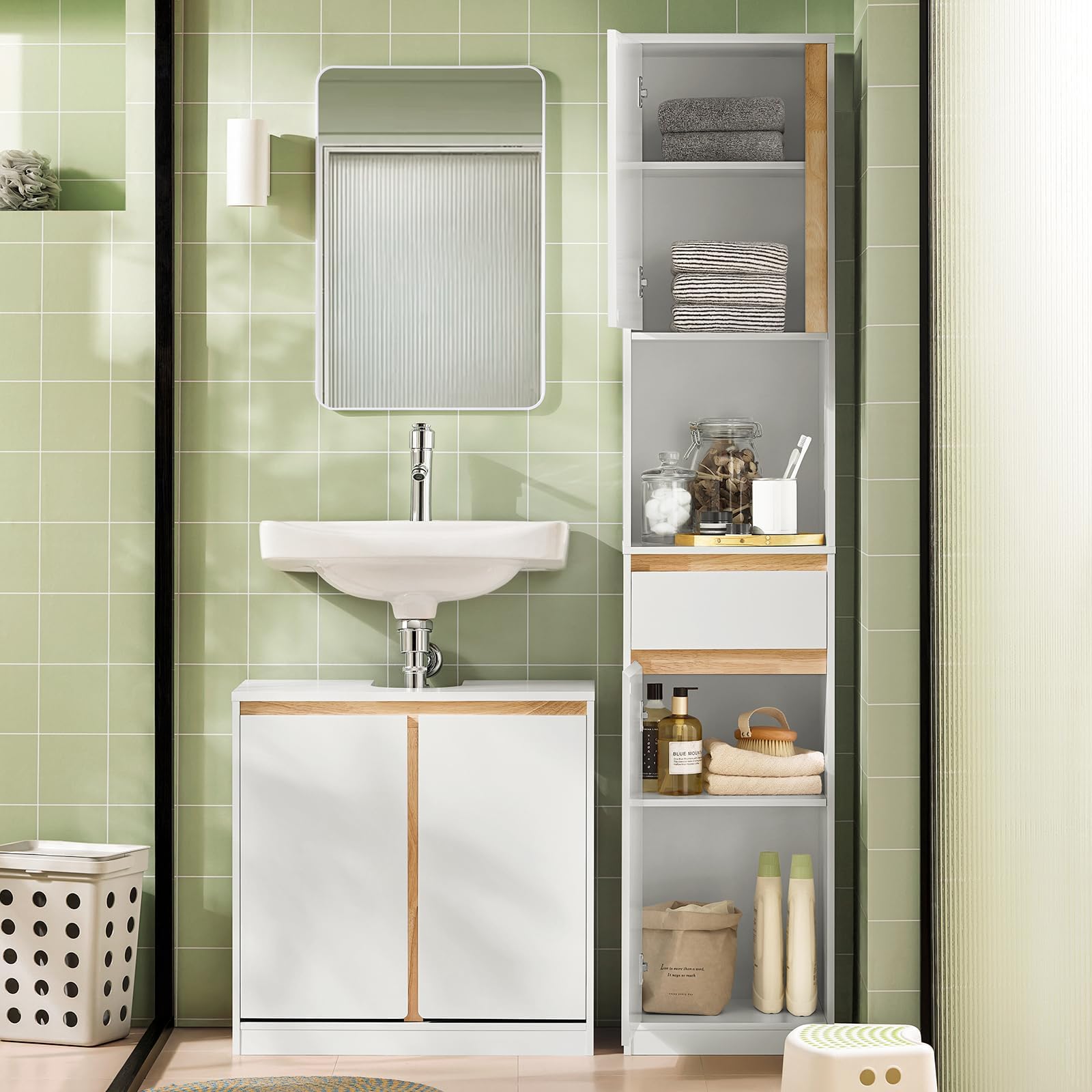 SoBuy Mobile Colonna Bagno Salvaspazio con 1 Cassetto, 1 Ripiano Aperto e 2 Ante – Armadietto Alto e Stretto per Bagno, WC o Lavanderia, Bianco 35x33x170cm BZR80-W
