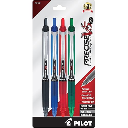 Pilot Precise V5 RT Refillable & Retractable Rolling Ball Pens, Extra Fine Point Pens, 0.5 mm, Black/Blue/Red/Green, Pack of 4 - Ideal for School, Journaling & Office Writing