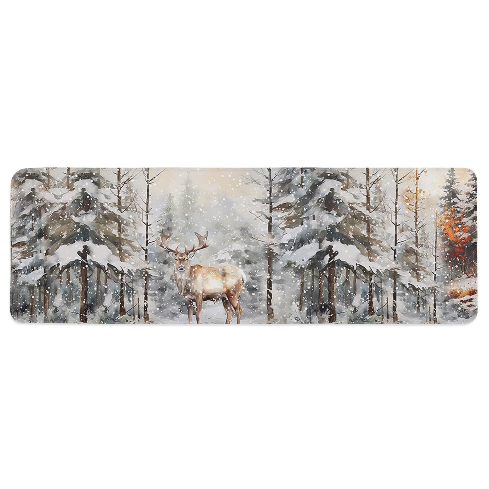Libaoge Christmas Kitchen Mat Rug 1 PCS Watercolor Elk and Tree Farmhouse Runner Rug Anti-Fatigue Comfort Memory Foam Standing Mat Non-Slip Floor Door Mat for Bathroom Bedroom 20x63in