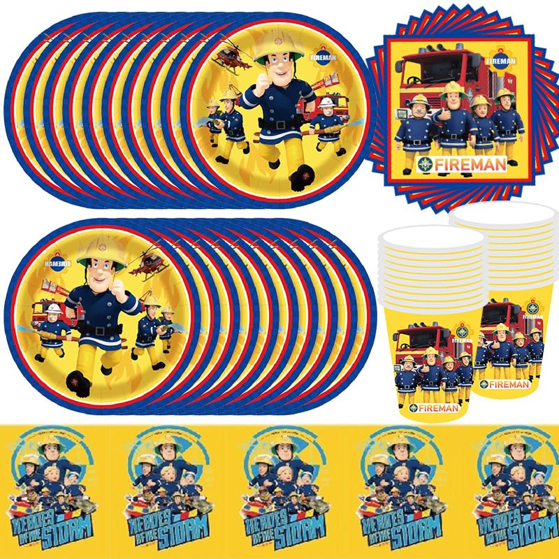 61PCS Firefighter Birthday Party Tableware, Kids Birthday Party Supplies, Firefighter Tableware Set Decorated with Tablecloth, Plates, Paper Cups, Paper Napkins, 20 Guests