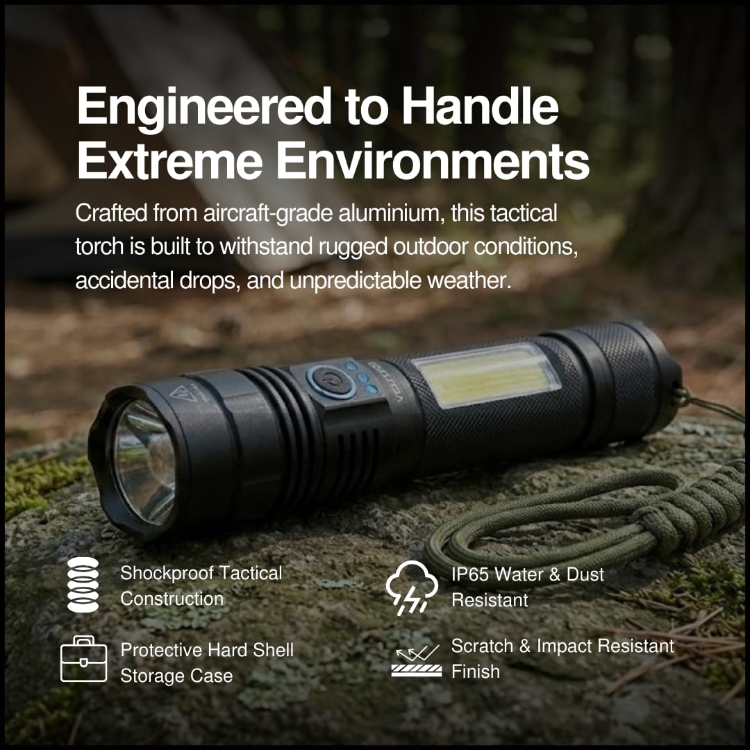 DayLighter™ Lampe torche tactique LED 1800 lumens – Rechargeable et alimentée par piles avec batterie externe, double modes d'éclairage, faisceau de mise au point, IP65 résistant aux