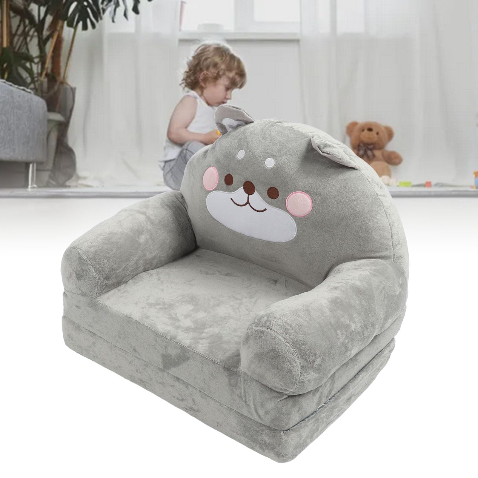 Canapé-lit Enfant 2 En 1 En Peluche - Fauteuil Paresseux Pliable, Transformable En Lit - Housse Amovible Lavable - Gris, Sans Rembourrage Inclus (à Garnir Soi-même)