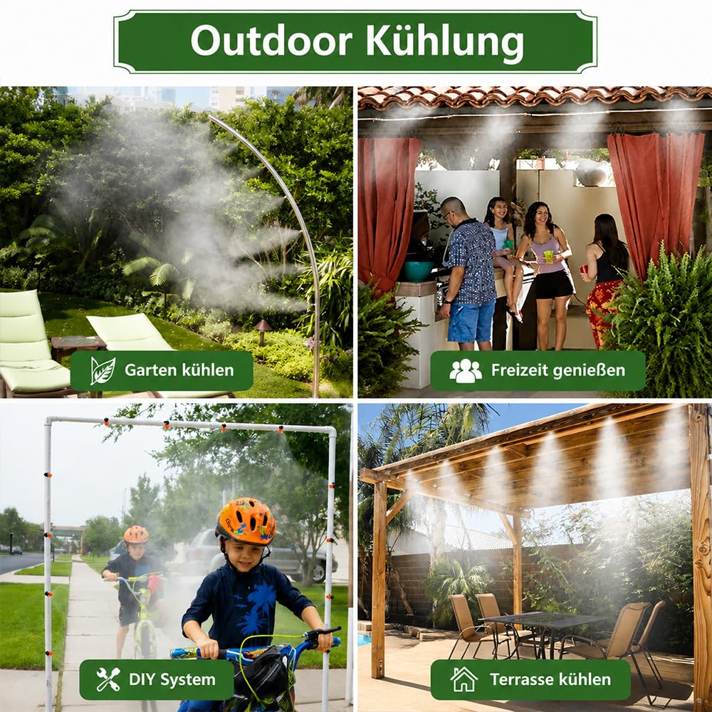 Sprühnebel Kühlung System, Vernebelungssystem mit Verstellbaren Nebeldüsen, Wasservernebler für Terrasse Garten Pool Gewächshaus, Sprühnebelanlage zur Außenkühlung & Pflanzenbewässerung (40M)