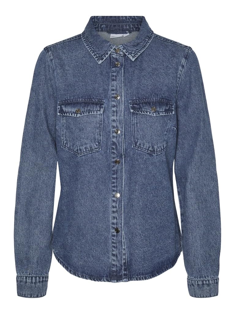 VERO MODA Women's Vmjennie LS Denim Shirt Mix Noos Denim Shirt, Medium Blue (Medium Blue Denim), L