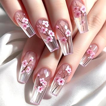 Press on Nails Long Square Artificial Acrylic Fake Nail Plum Blossom with Rhombus Pattern Design Glossy Stick on Nail Full Cover Reusable Coffin Artificial Fingernails Glue on Nails for Women 24Pcs