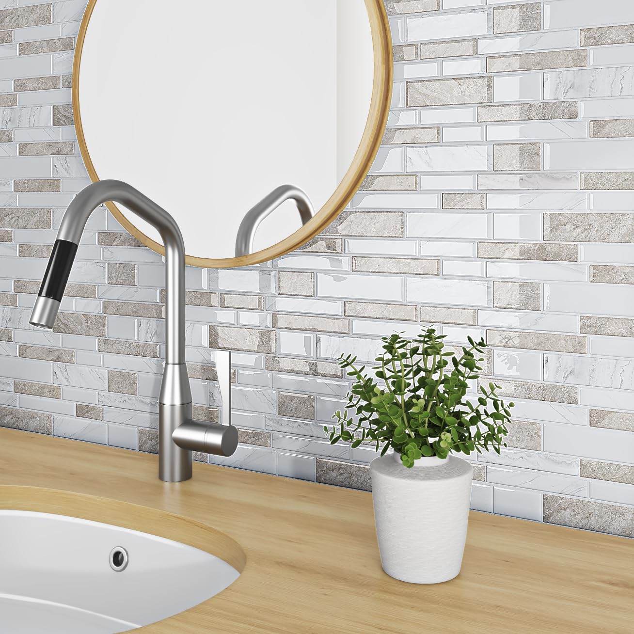 Livelynine Piastrelle Adesive Bagno Marmo Beige Paraschizzi Cucina Adesivo 3D Lavabile Mattonelle Adesive Cucina 3D Effetto Pietra Marrone Chiaro 30x30CM 32 Pezzi Adesivi Piastrelle Bagno Camino