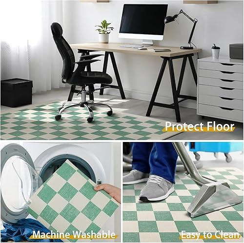 Miniatura 6 de Tapete para silla de oficina para suelo de madera dura y azulejos, tapete bohemio verde a cuadros de 48 x 36 pulgadas, tapete de pelo bajo para