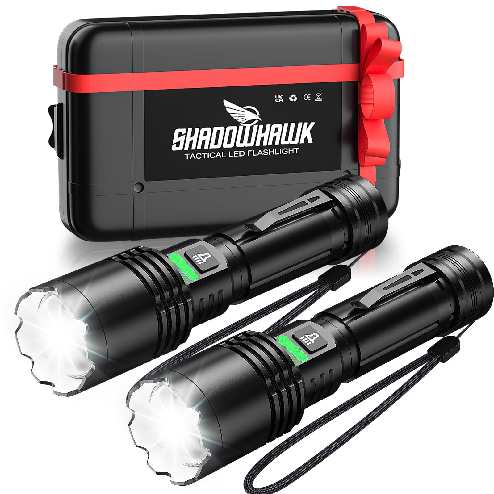 Shadowhawk 2 Stück Taschenlampe LED Aufladbar 5000 Lumen | Extrem helle Taktische Taschenlampe mit dickwandigem Aluminiumgehäuse (3 mm), 3 Modi, USB-C & Clip – für Camping/Outdoor/Notfall, IP67 & Zoom