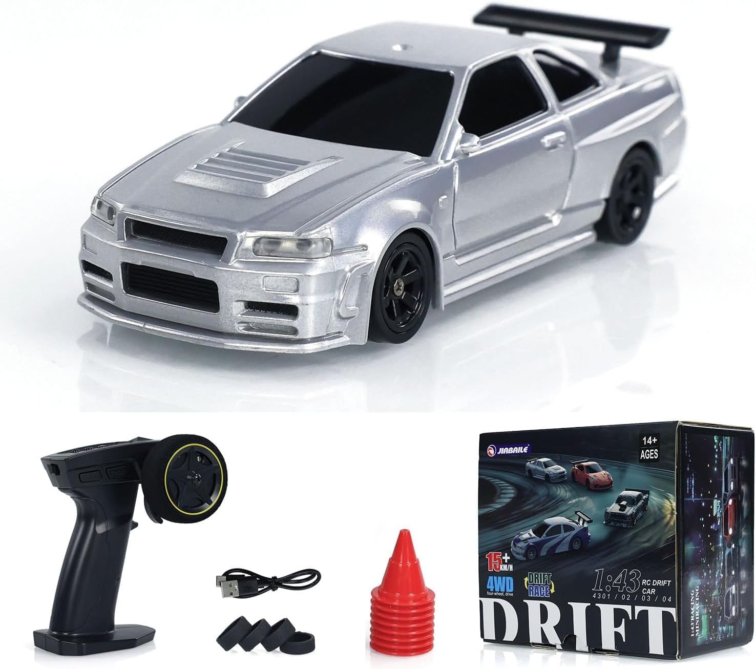TOUCAN RC HOBBY 1:43 Remote Control Mini Drift Car Race Car Toy Radio Lights Traffic Safety Cone Without a Gyro Silver,US in Stock