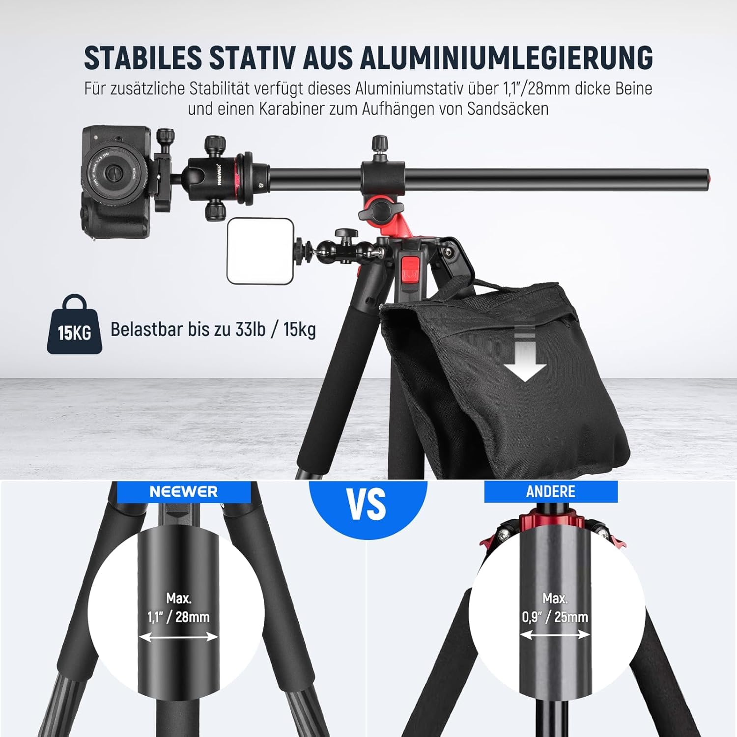 NEEWER 184cm Stativ für Kamera Einbeinstativ mit Mittelsäule Kugelkopf Aluminium Arca QR Platte Tasche 15kg