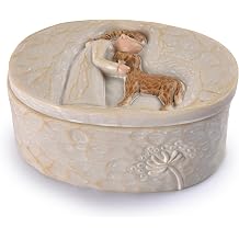 Resin Keepsake Box Oval 3.82 Inch, Memorial Trinket Box for Dog Ashes Pet Hair Collar Tag, Engraved Girl with Puppy Design, Small Decorative Storage for Photo Jewelry Memento