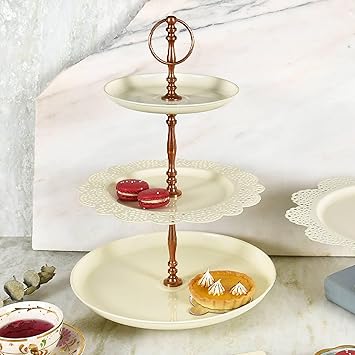 Elan MILD Steel Round Flourish 3 Tier Cupcake Stand Dessert Holder Multipurpose Serving Display Stand for Birthdays/Wedding Party (Off-White)
