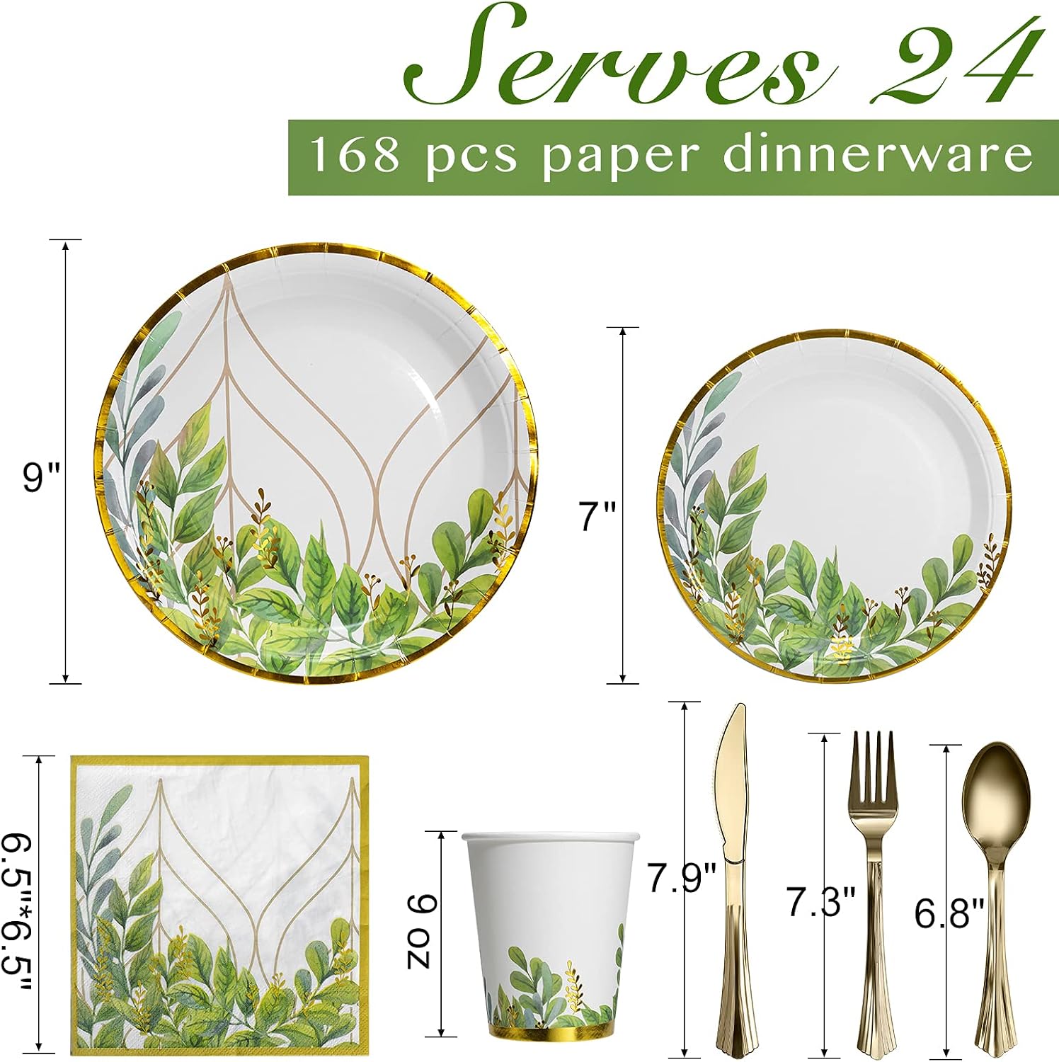 HOMIX Greenery Party Plates Napkins Cups Sets with Plastic Cutley Sets Serves 24 for Baby Shower, Bridal Shower, Birthdays, Boho, Jungle Safari Party Supplies and Decorations