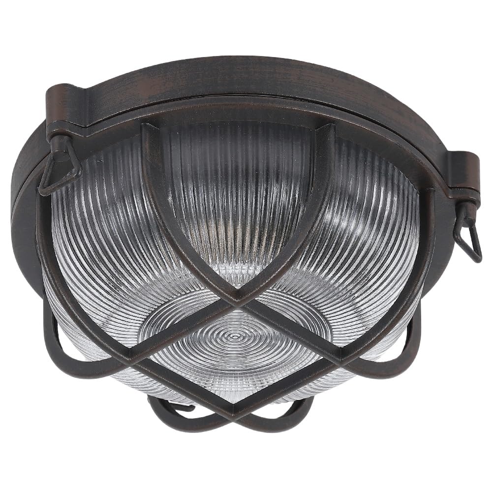 Old English Rustic Brown & Ribbed Glass Outdoor Vintage Round Flush Bulkhead Wall Light | 27cm Diameter | IP44 Rated | 1 x ES E27 Lamp Bulb Required | Bathroom Use | UK Approved | Low Profile 11cm