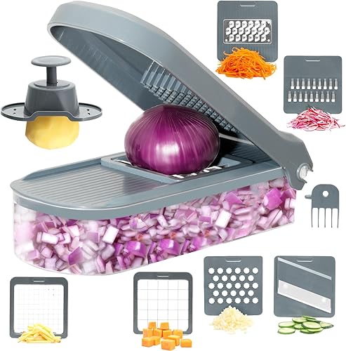 Picador de verduras 6 en 1 resistente y cortador de mandolina Cortador de cebolla de 6 hojas con recipiente de almacenamiento Herramienta de