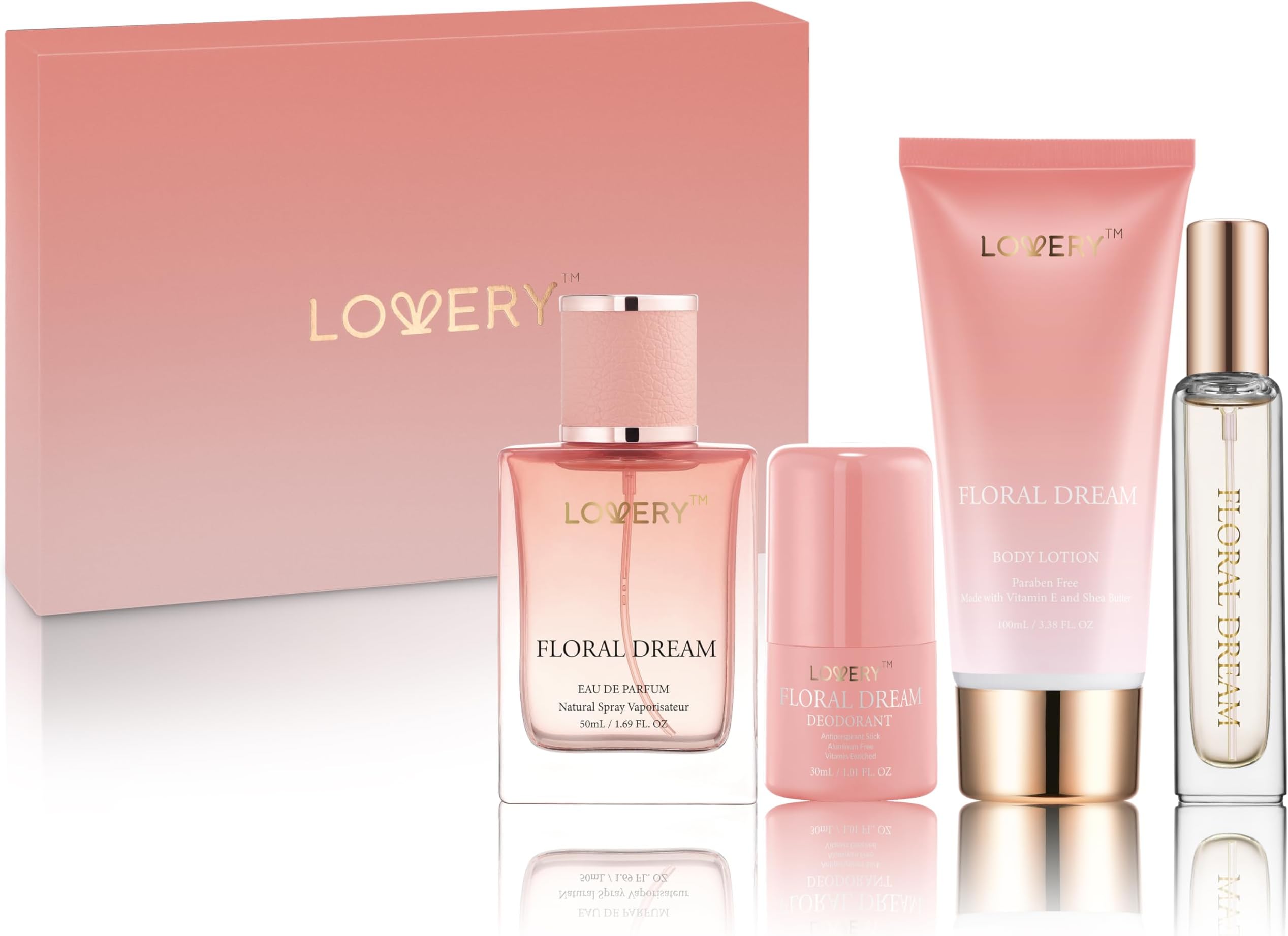 Gift for Women, Floral Dream 4 in 1 Womens Perfume & Deodorant Set - 4pc Pink Eau de Parfum Fragrance Sets - Perfumes for Women Gift Set with Non Toxic Antiperspirant Stick, Body Lotion & Mini Perfume