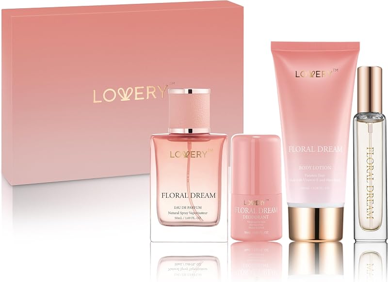 Gift for Women, Floral Dream 4 in 1 Womens Perfume & Deodorant Set - 4pc Pink Eau de Parfum Fragrance Sets - Perfumes for Women Gift Set with Non Toxic Antiperspirant Stick, Body Lotion & Mini Perfume