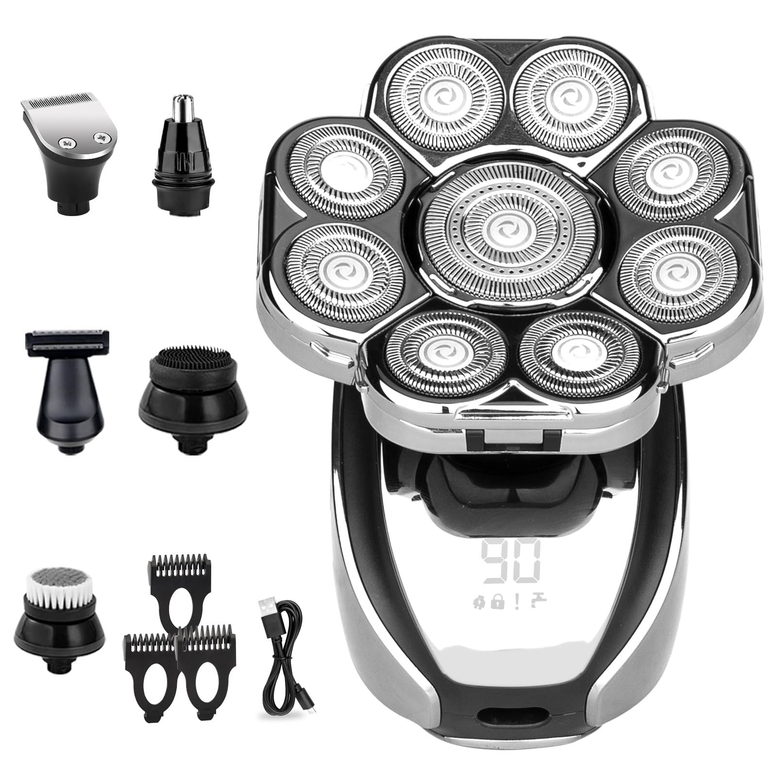 9D Floating Electic Head Shavers for Bald Men, 6 Detachable Grooming Kit with Nose Hair Trimmer, Beard Trimmer, Waterproof and Rechargeable Electric Shaver, Gift for Father, Husband, Boyfriend