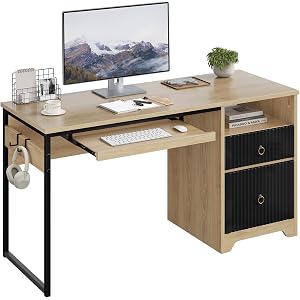 Bestier 55 Inch Office Desk with Fluted Panel & Keyboard Tray, Natural Oak | 55 X 22 In Work Surface, File Drawer, Reversible Pedestal, Fluted Panels And Keyboard Tray For Home Office Storag