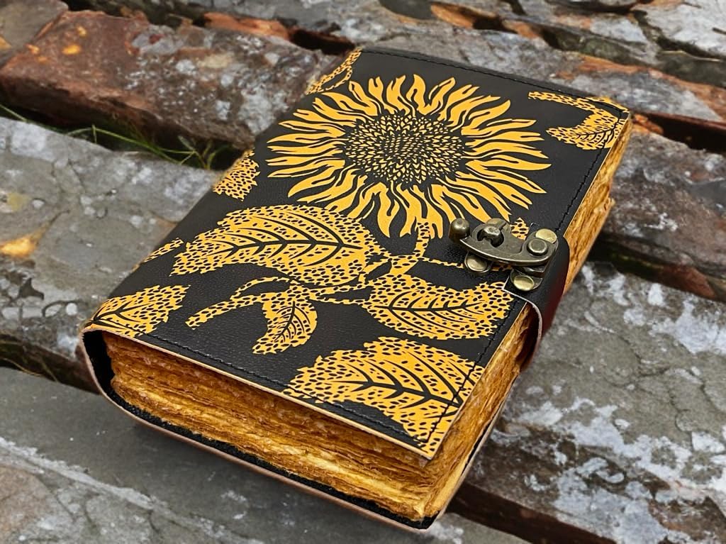 vintage sunflower leather journal Writing notebook embossed beautiful daily use book of shadows blank yellow with black unlined travel sketchbook with lock diary gift for women 7x5 inch