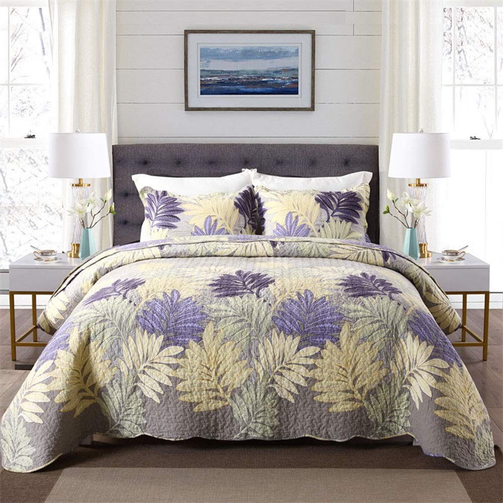 MiDuoHU Quilted Bedspread 230cmx250cm and 2 pillowcases 3 pieces Beautiful Yellow Purple Floral Coverlets Quilts Blanket 100% Cotton