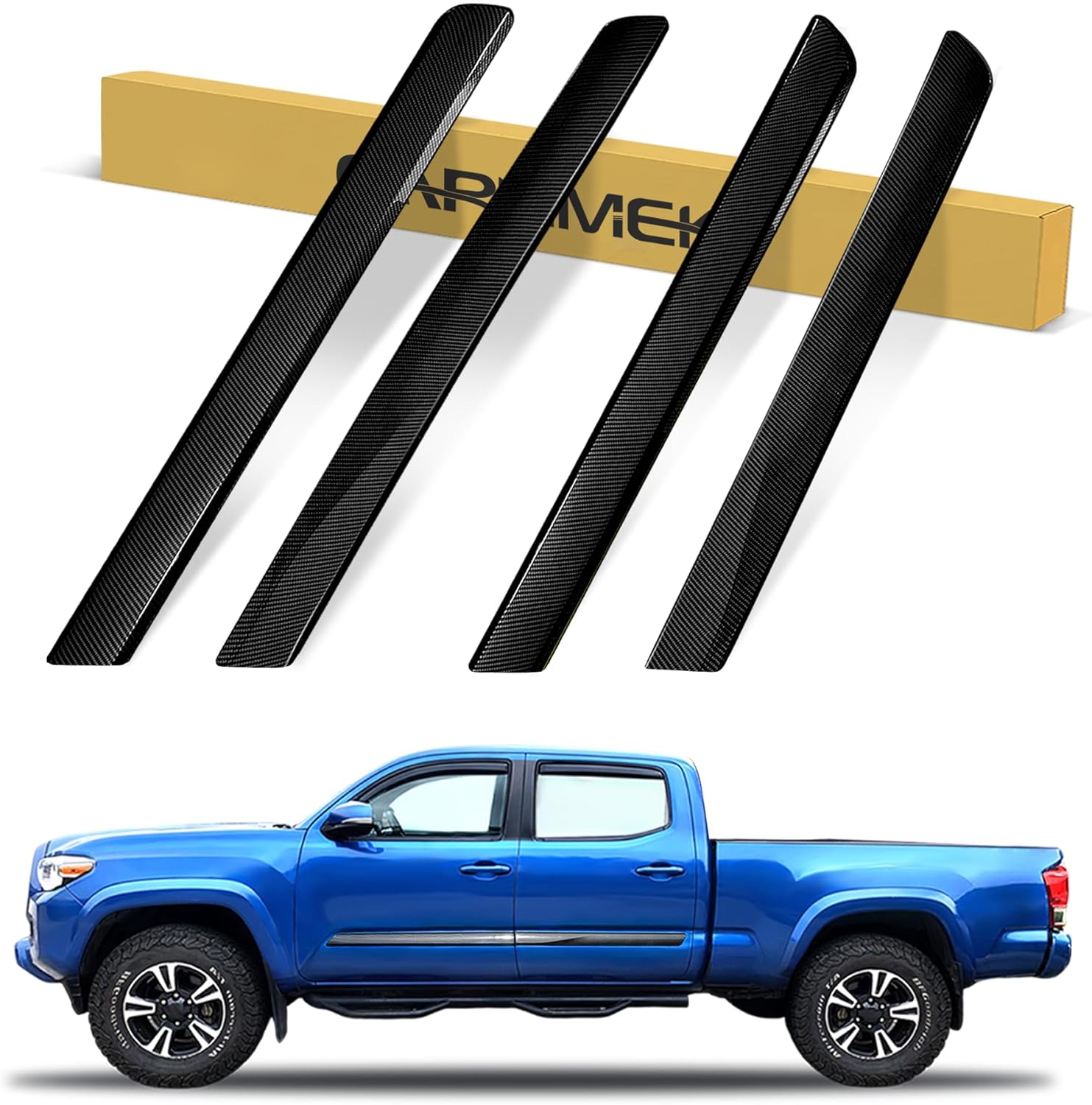 Exterior Side Door Strip Protector Custom Fit for 3rd Gen Tacoma 2016-2023 Crew & Double Cab - Carbon Fiber Black - Quality Adhesive, for Tacoma Decoration, for Tacoma Accessory 04 Carbon Black OUTFIT 04