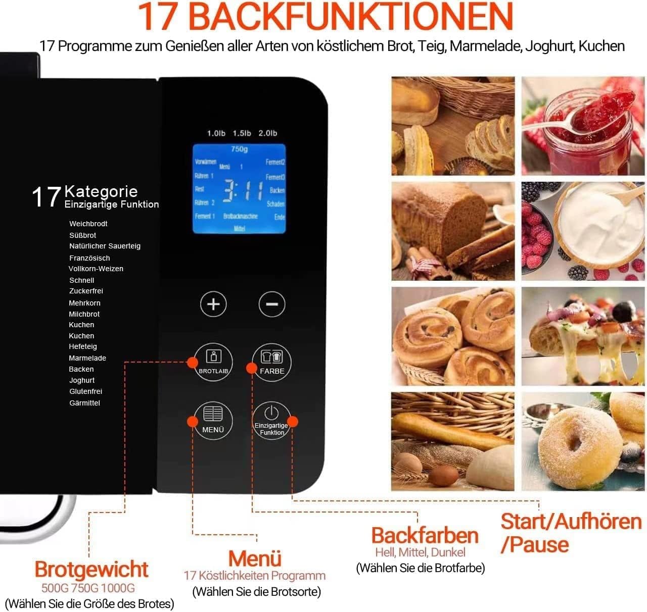 2LB Brotbackautomat, 17-in-1 Brotbackmaschine Edelstahl with 2 Schnellheizer, Auto Nut Dispenser, Keramik-Pfannen, 2 Paddles, Glutenfrei, Teigbereiter, 3 Brotgrößen, 3 Backfarben, MBF-010
