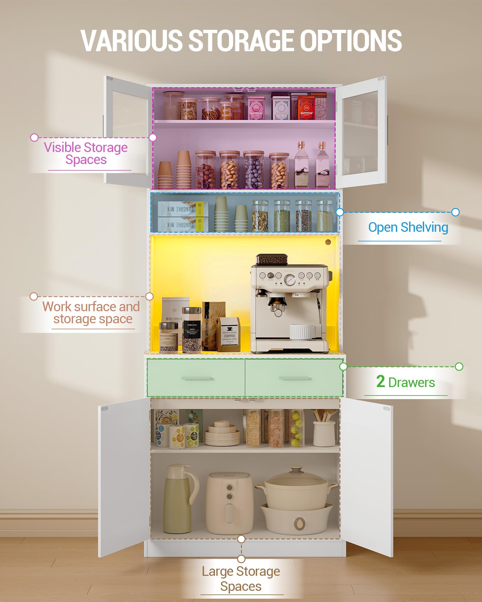 Hzuaneri Buffet, Meuble Cuisine Haut à 2 tiroirs, Meuble de Rangement avec multiprise et éclairage LED, 2 Portes vitrées, Cuisine, Salon, 40 x 80 x 190 cm, Blanc, PT10203XEU