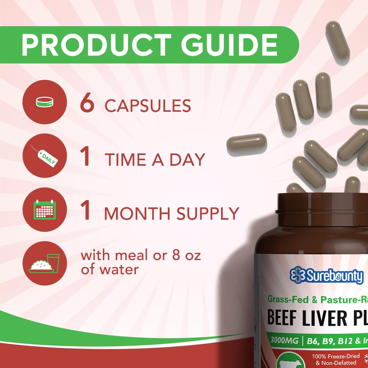 Grass-Fed & Pasture-Raised Beef Liver Plus, 3000 mg, Vitamin B6, B9, B12, Iron, No Hormone, Non-GMO, Non-Defatted, Freeze-Dried Liver Health Supplement, 180 Caps
