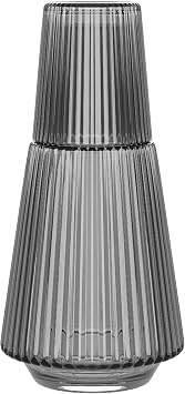 American Atelier 37 oz Vintage Bedside Water Carafe with Tumbler 9.25" Ribbed Glass Pitcher with Cup Lid for Bedroom, Guest Room, Office, Vanity, Decorative & Practical Drinkware Gray