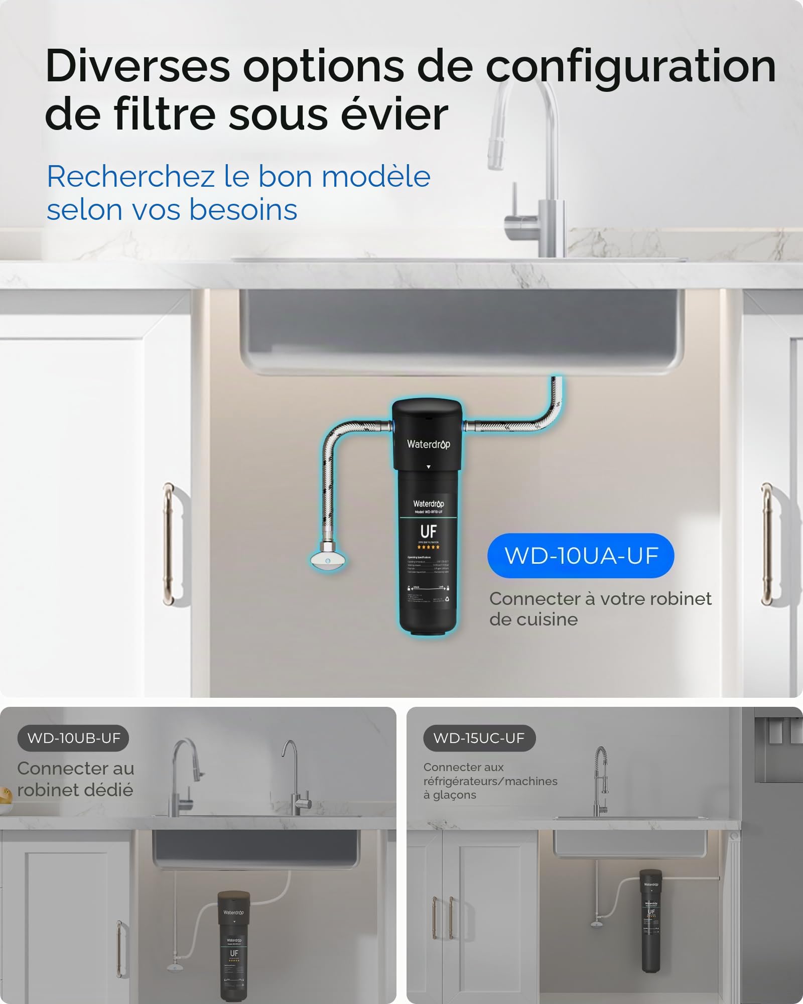 Waterdrop 10UA-UF Filtre à Eau 0.01 μm Sous Évier, Élimine le Plomb, le Chlore, les Odeurs et les Impuretés, Capacité du Filtre 41600 Litres, Connexion Directe au Robinet de Cuisine