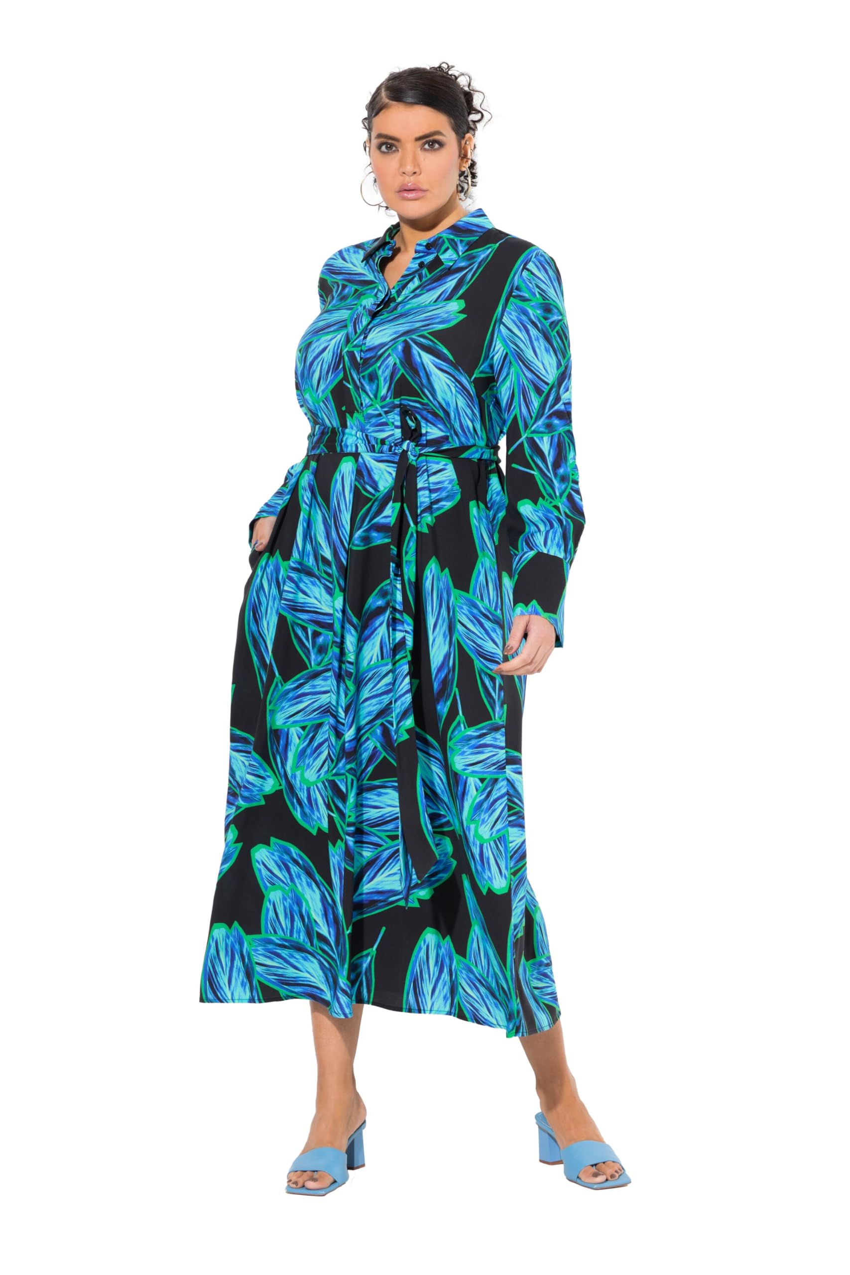 Ulla Popken Damen große Größen Übergrößen Plus Size Maxikleid, Blätter, A-Linie, Hemdkragen, Langarm 836439