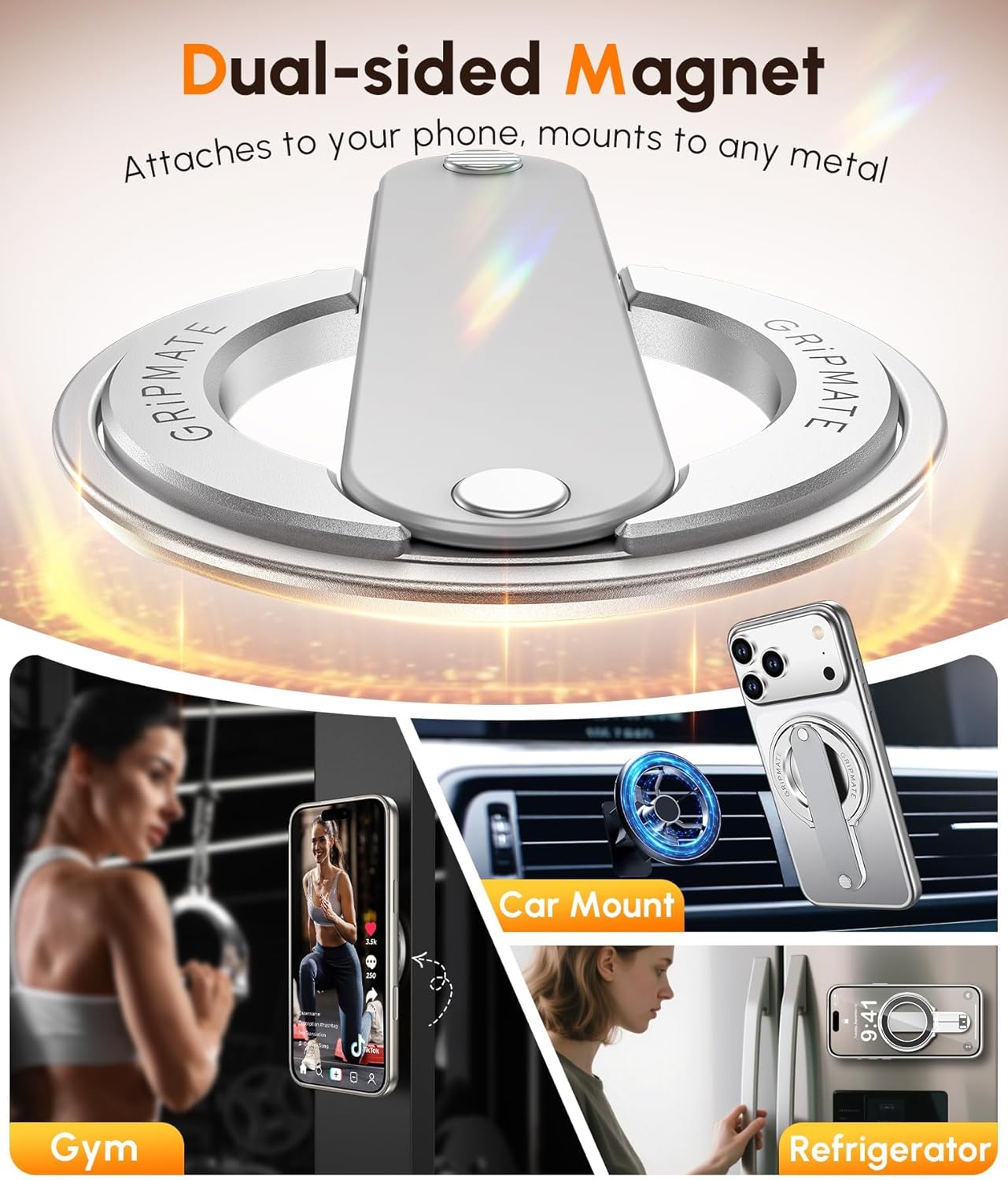 GripMate 2nd Gen for Magsafe Phone Grip for iPhone - Strong Dual-Sided Magnetic Phone Ring Holder - Detachable, Comfortable Finger Loop Stand for iPhone 17 Pro Max 16 15/14/13/12 Series (Silver)