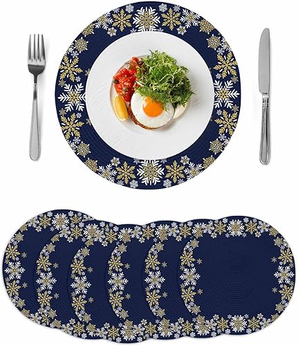 Miniatura 11 de Christams Round Placemats Set of 6 Snowflake Table Mats for Dining Table Decor Gold Black Round Braided Placemats Heat Resistant Washable Woven