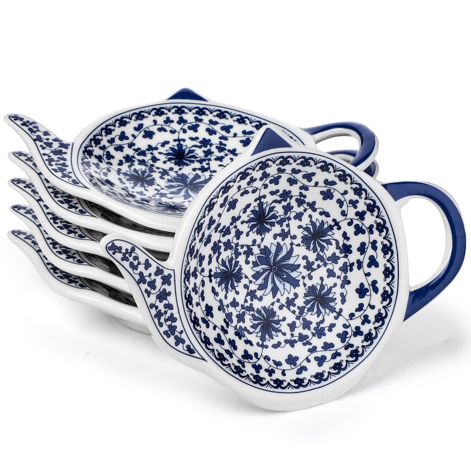 Tea Bag Holder for Used Tea Bag Teapot Shaped Tea Bag Coaster Set of 6 Ceramic Tea Bag Rest (Blue)