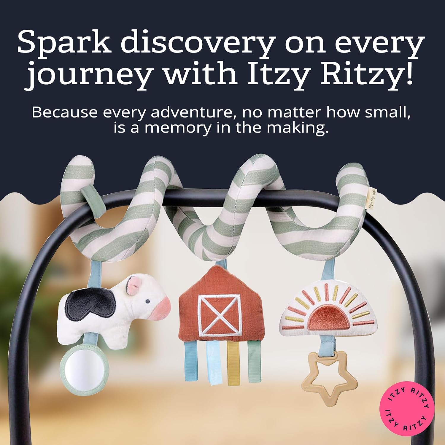 Itzy Ritzy Spiral Car Seat & Stroller Activity Toy - Stroller & Car Seat Toys for Ages 0 Months and Up - Hanging Toys Include Dangling Ring, Mirror and Textured Ribbons (Farm) (Pack of 3)