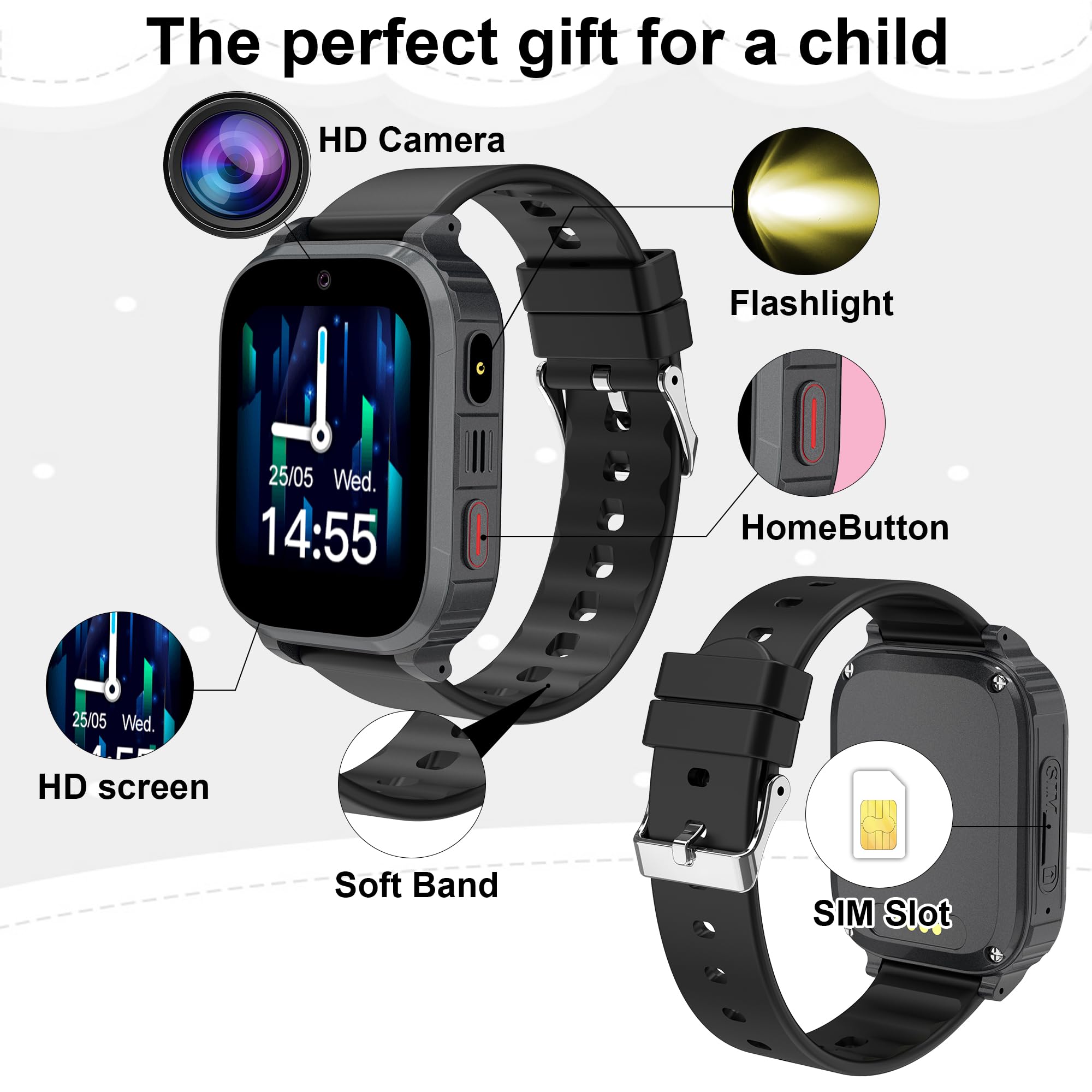 GPS Montre Connectée Enfant, Montre Intelligent Enfant 4G Telephone, Appel, SOS, Chat Vidéo WiFi, GPS Localisation, Mode Classe, Réveil, 7 Jeux, 10 Contacts, Smartwatch Ado Enfants Cadeau
