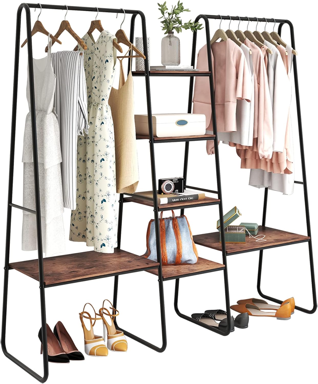 MASISDAOZ Wood Garment Racks, 4 Tier Freestanding Clothing Rack with 6 Shelves