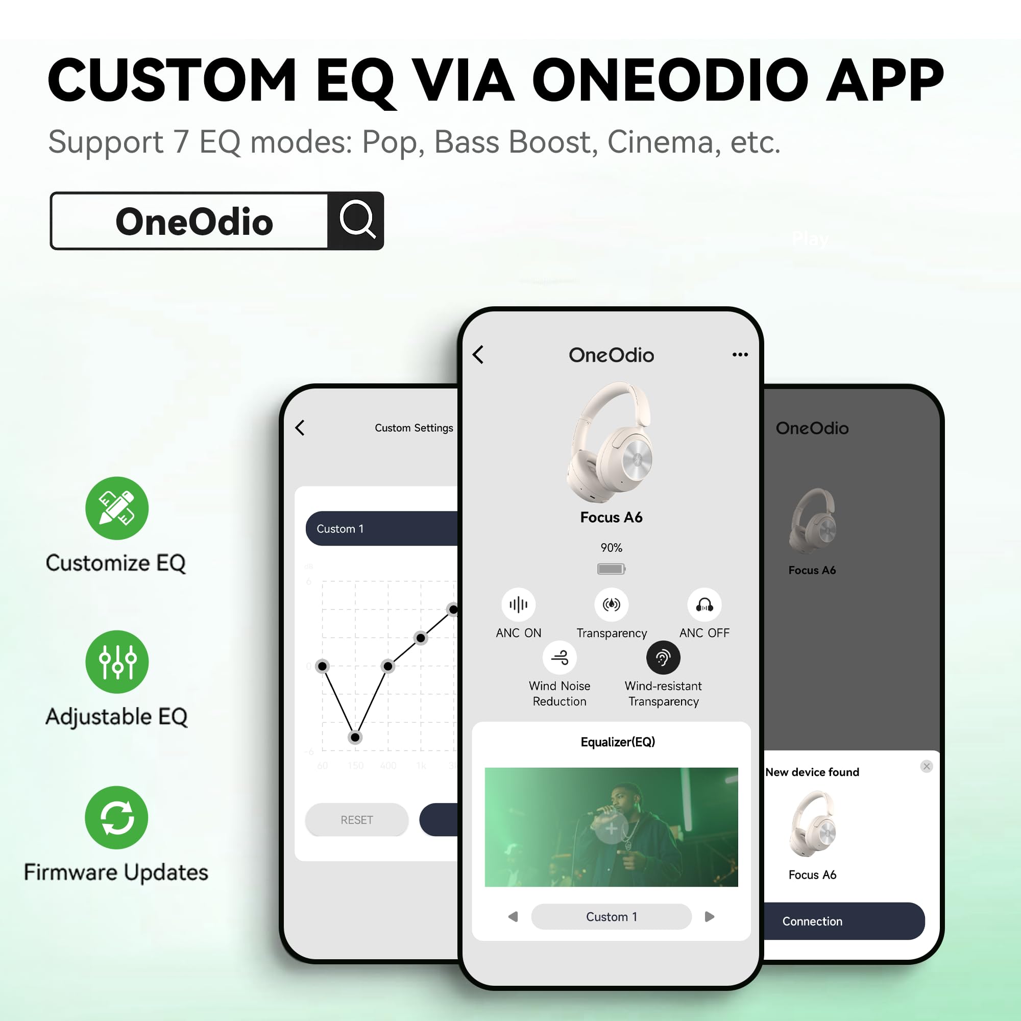 OneOdio Focus A6 Cuffie Ibride Attive ad Annullamento del Rumore, Tempo di Gioco 75H, Audio Senza Perdita LDAC Hi-Res, Bluetooth 6.0, Controllo APP, Cuffie Wireless per Viaggi