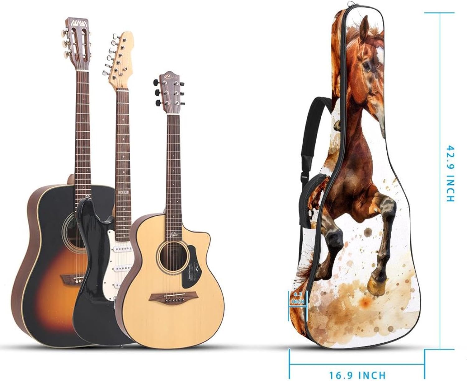 Brown Horse Acoustic Guitar Gig Bag, 1 cm Thick Padding Waterproof Guitar Bag Backpack for 40 41 42 Inch Electric Bass Classical Guitars