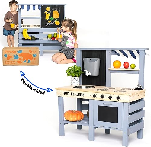 Miniatura 1 de GROWGO Cocina de barro 2 en 1 para niños al aire libre y tienda de comestibles juego de simulación cocina al aire libre para niños, soporte de