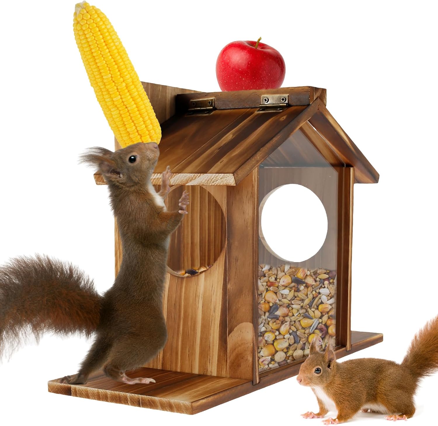 Squirrel Feeder, Wooden Squirrel Feeder, House Large Capacity Squirrel Feeding Stations, Easy to Fill Chipmunk Feeding Station for Corn Peanuts, Outside 32.5x12.5x21cm/13 * 5 * 8.26inch