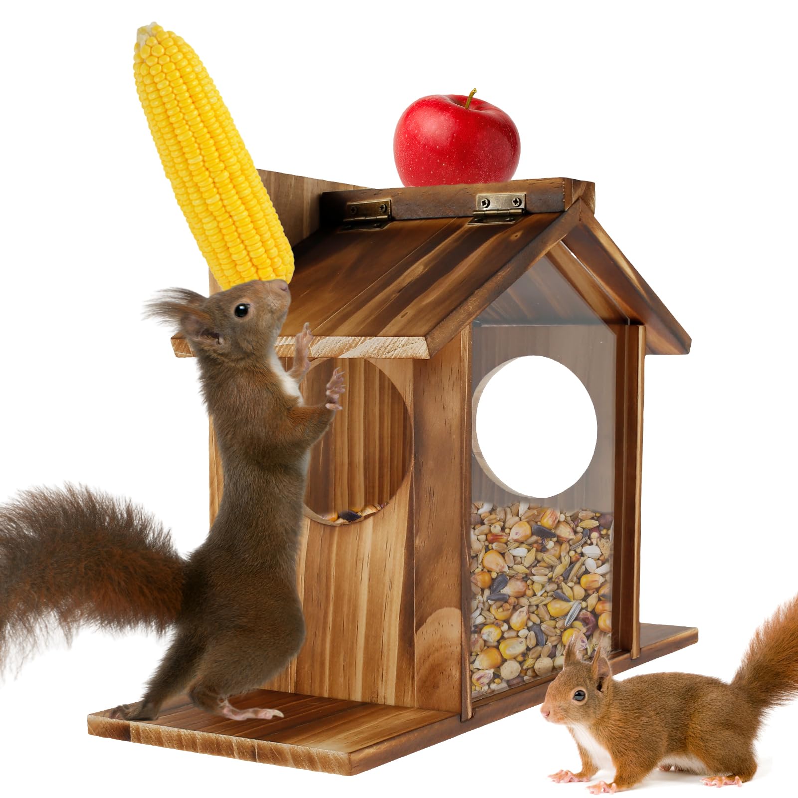 Eichhörnchen-Futterstation aus Holz, Eichhörnchen-Futterstation mit großer Kapazität, einfach zu befüllen, Streifenhörnchen-Futterstation für Mais, Erdnüsse, außen, 32,5 x 12,5 x 21 cm
