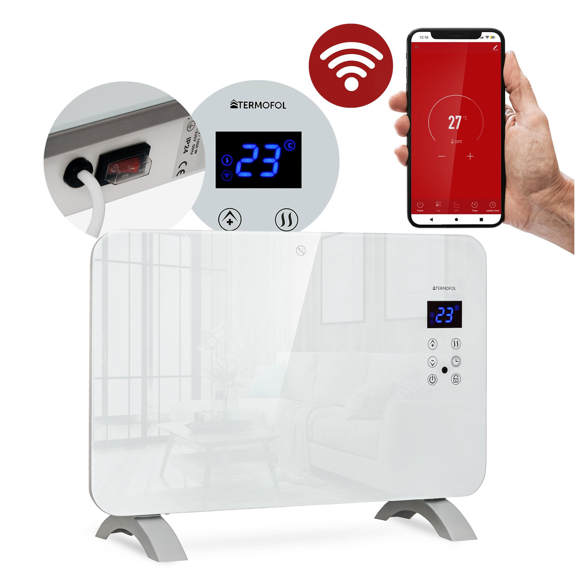 Termofol - Grzejnik elektryczny | Moc: 1000 W | Sterowanie aplikacją WI-FI | Naścienny | Przenośny | Z termostatem | W zestawie nóżki i wieszak naścienny