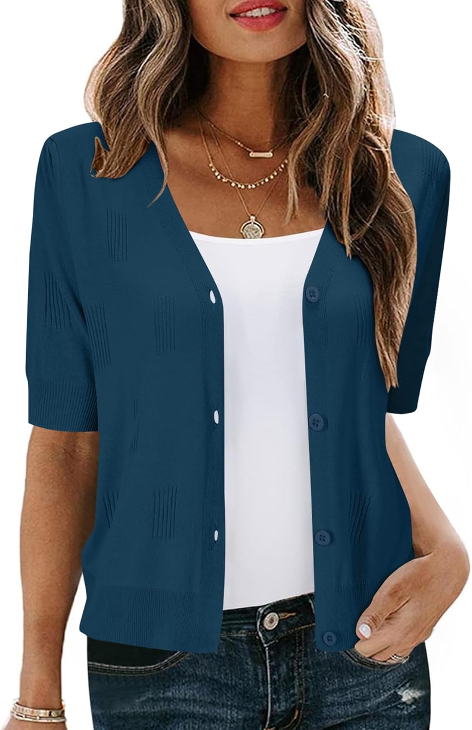 AKEWEI Womens Cardigan V Neck Short Sleeve Lightweight Knit Cropped Sping Summer Cardigans Sweaters