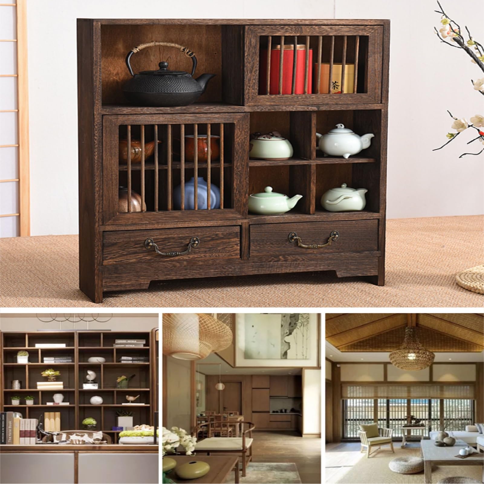 Organizador Cajones Cocina En Forma Caja Madera, Soporte para Juego Té De Sobremesa, Armario con Tiradores Metálicos para Sala Estar