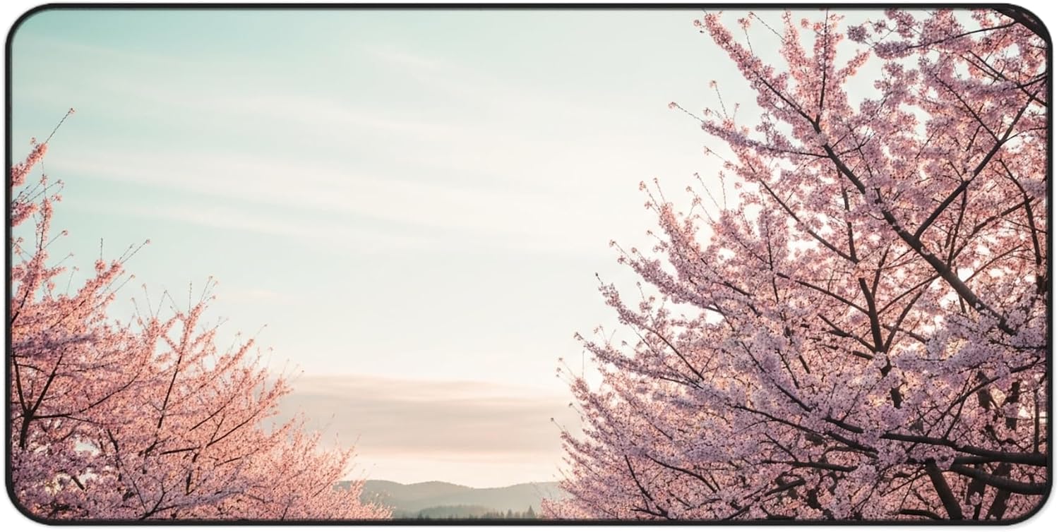 Teal Blossom Washington Orchards – Vibrant Desk Mat with Pale Aqua Skies and Cherry Blooms