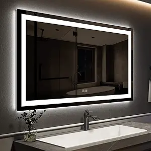 ROOMTEC 48 x 32 Inches LED Bathroom Mirror with Front and Backlit,Anti-Fog,3 Colors and Dimmable Light(Horizontal/Vertical), Silver