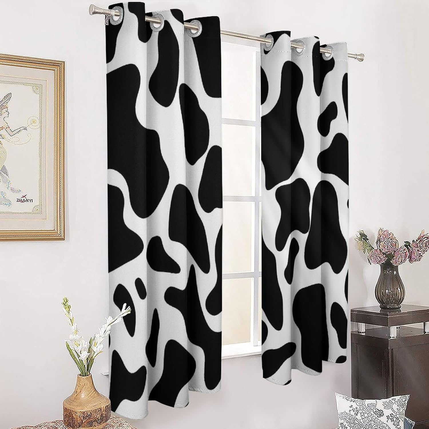 Cow Spot Printed Perforated Curtains, Insulated Curtains for Winter, Thermal Drapes are Suitable for Most Windows, Balconies